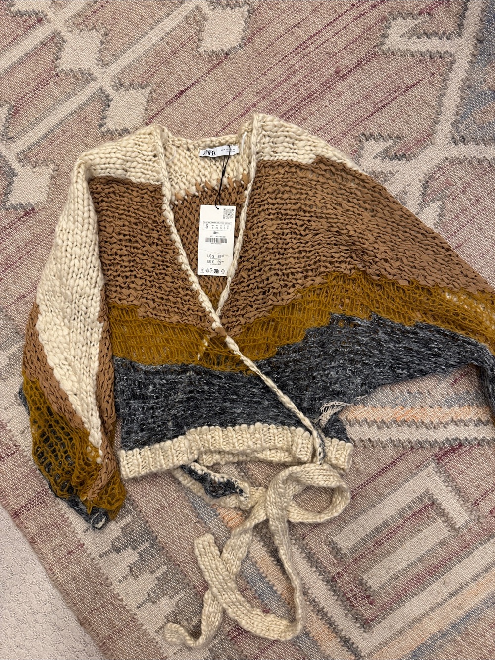 Zara boho tie cardigan with varying knit designs